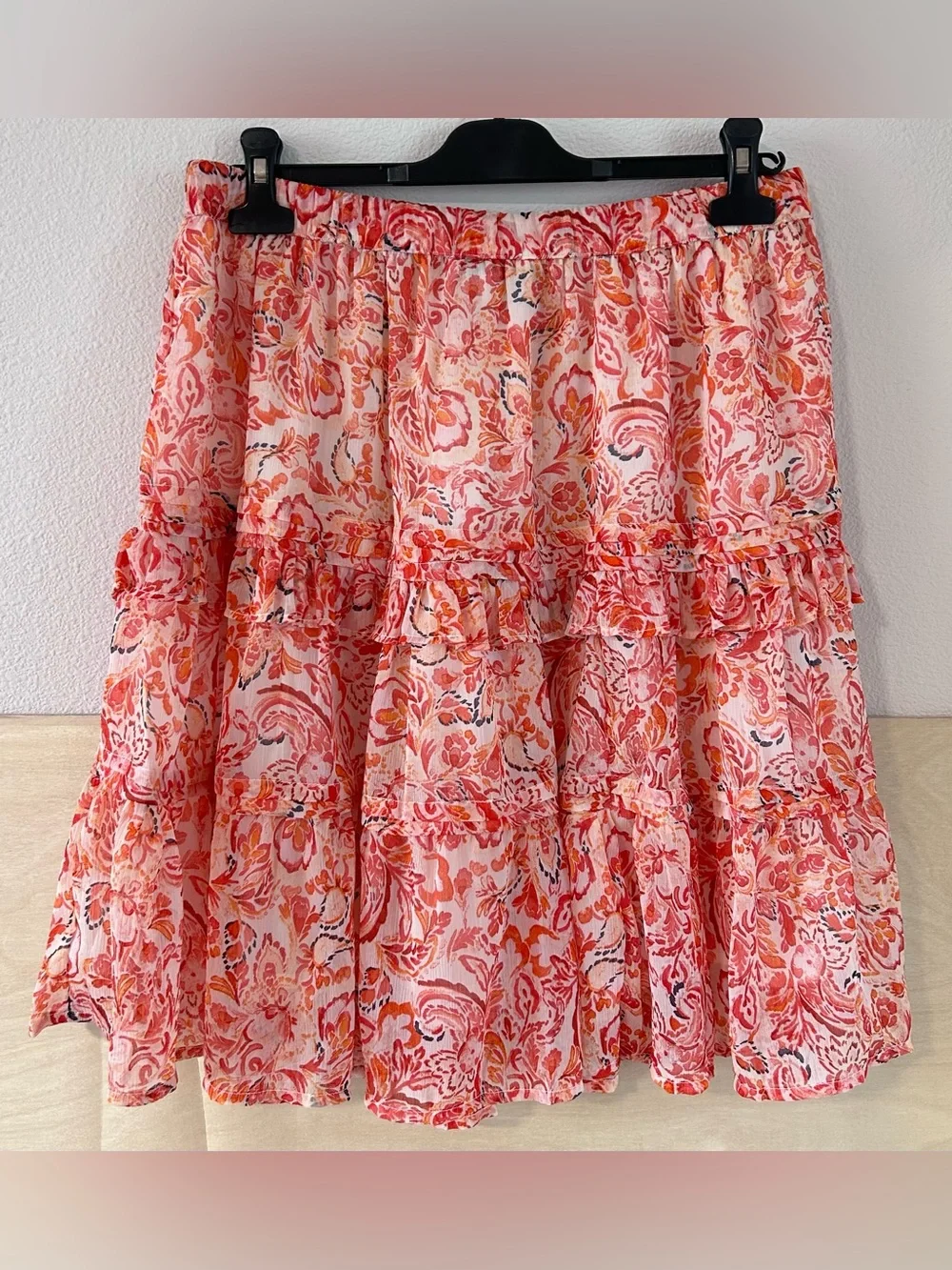 Sam Edelman Bree Flowy Tiered Mini Skirt Peach Pink Sz M Boho Tropical Fairycore